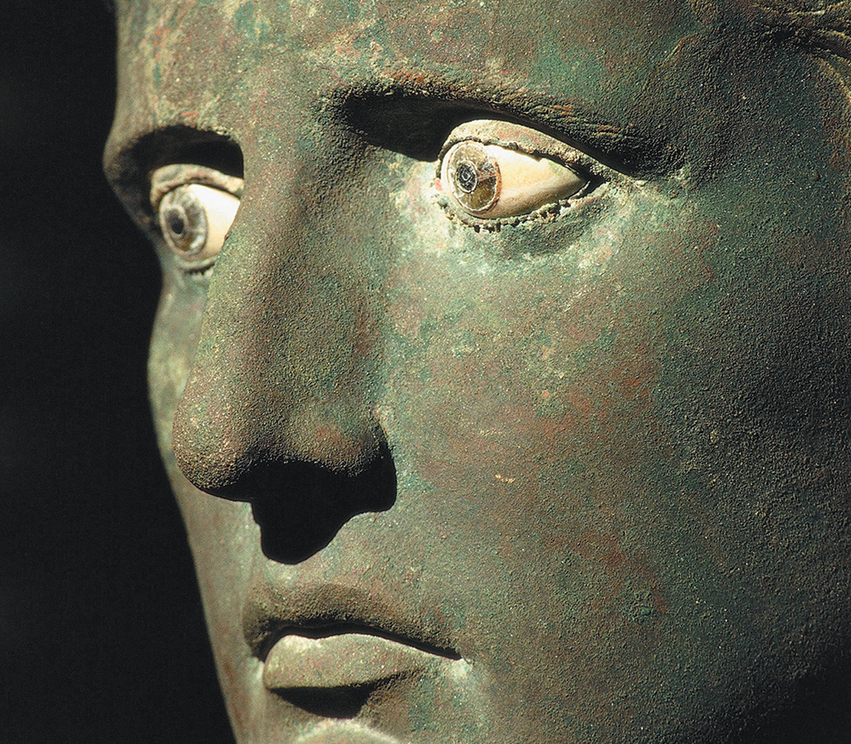 Bronze head of Augustus with glass and alabaster eyes; from Meroë, Sudan, 27–25 BC