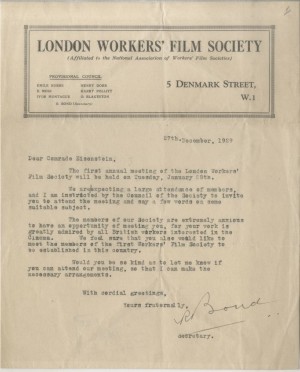 Letter from the London Workers’ Film Society to ‘Comrade Eisenstein’, 27 December 1929 ©Russian State Archive of Literature and Art, Moscow 
