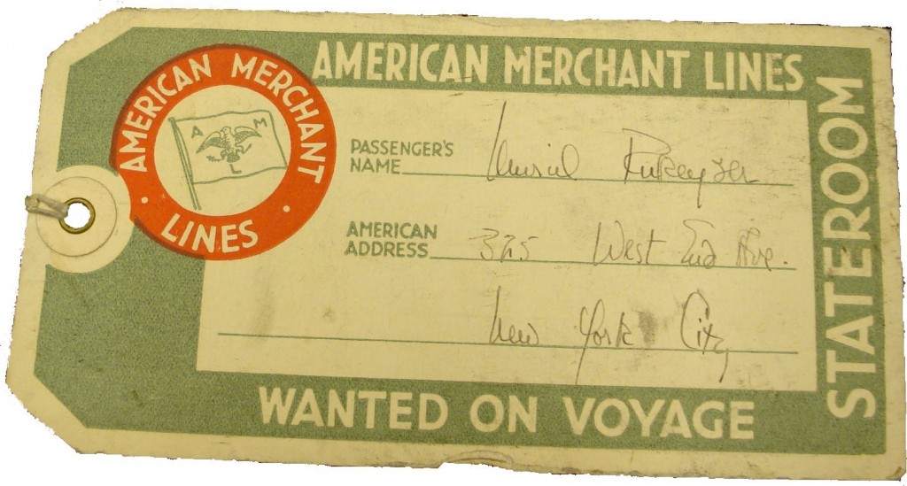 A baggage ticket from Rukeyser's transatlantic voyage from New York to London.