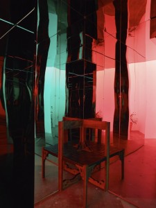 Self-Consciousness Machine, 2013 Structure: wood and steel construction framing, drywall, plywood, stainless steel, fluorescent lights, lighting gels, LEDs, houseplants, white noise machines Furniture: walnut, leather, yellow pine, enamel paint, seagrass Art: gesso on laminated plywood