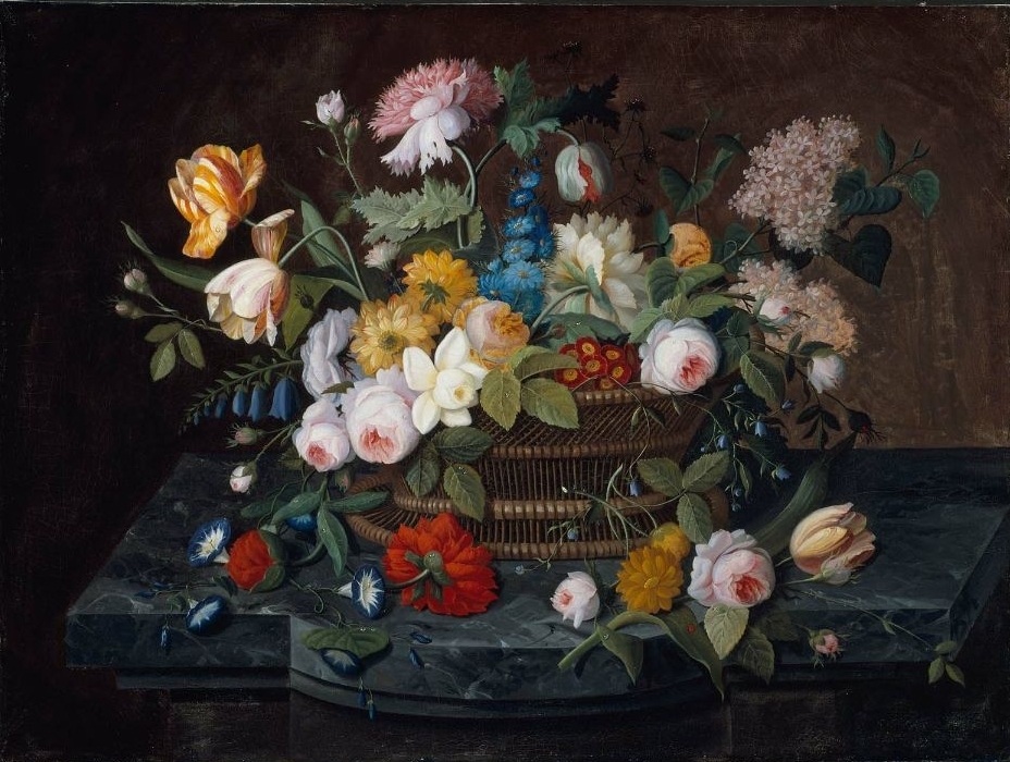 Severin Roesen, Still Life—Flowers in a Basket, ca. 1850s.