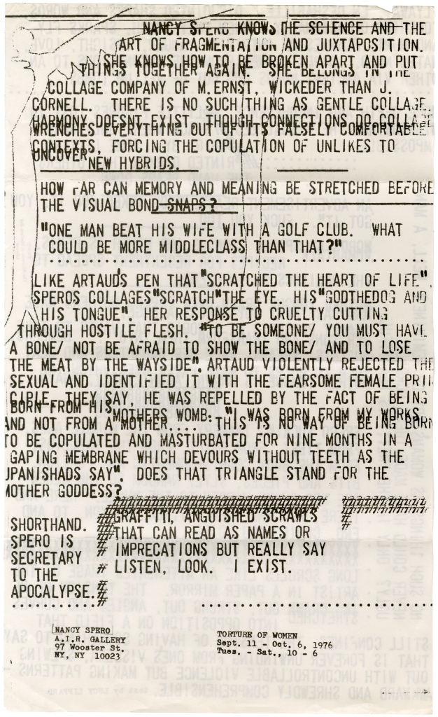     Torture of Women, by Nancy Spero, with text by Lucy Lippard. New York: A.I.R. Gallery, 1976.
