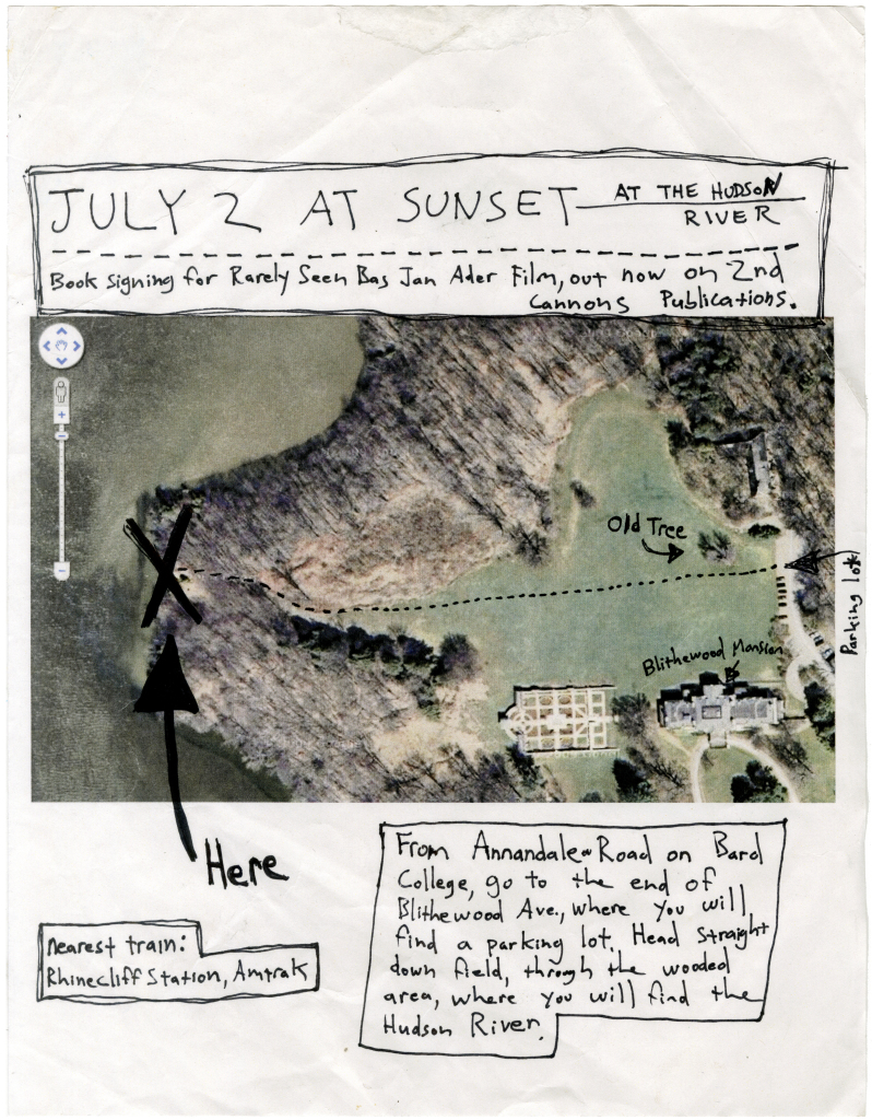 Flyer for a book signing for Rarely Seen Bas Jan Ader Film, by David Horvitz, 2009.