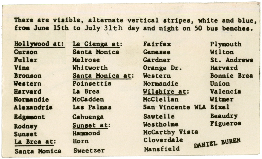 The announcement card for Daniel Buren's Bus Benches, in Los Angeles, 1970.