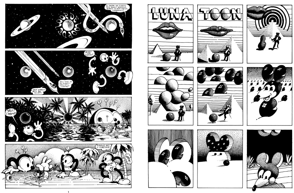 Left: The first page of "Loop de Loop," from Zap #6. The first page of "Luna Toon," from Zap #2. Both © Victor Moscoso