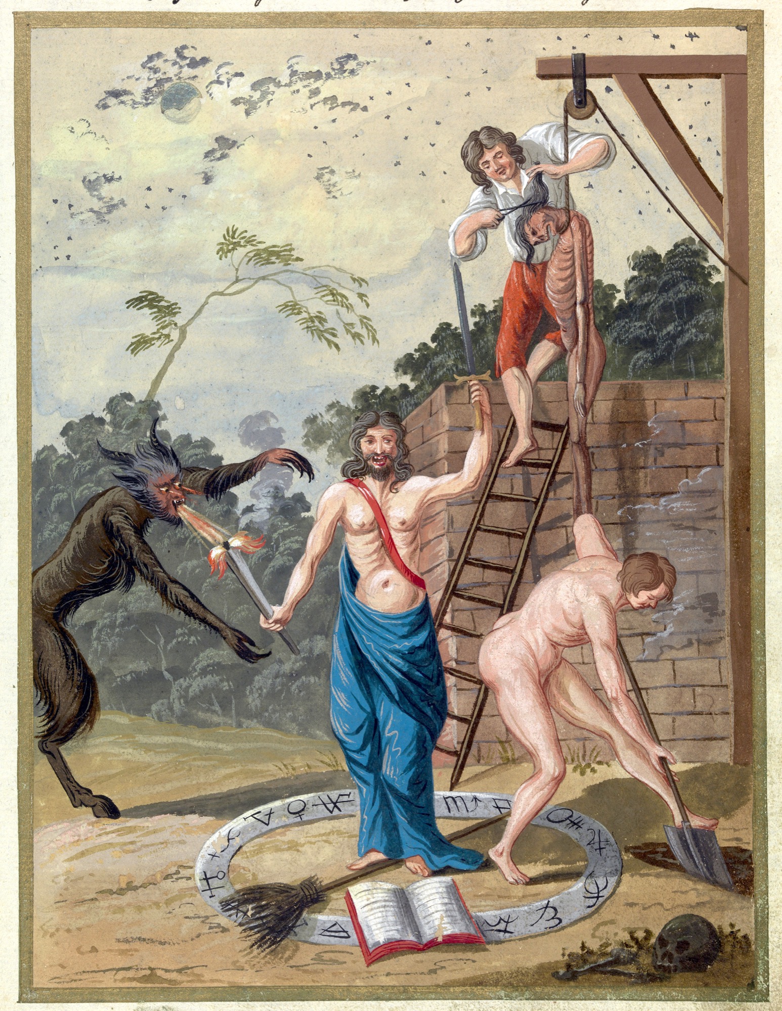 L0076361 A compendium about demons and magic. MS 1766. Credit: Wellcome Library, London. Wellcome Images images@wellcome.ac.uk http://wellcomeimages.org Compendium rarissimum totius Artis Magicae sistematisatae per celeberrimos Artis hujus Magistros. Anno 1057. Noli me tangere. Watercolour c. 1775 Published:  -  Copyrighted work available under Creative Commons Attribution only licence CC BY 4.0 http://creativecommons.org/licenses/by/4.0/