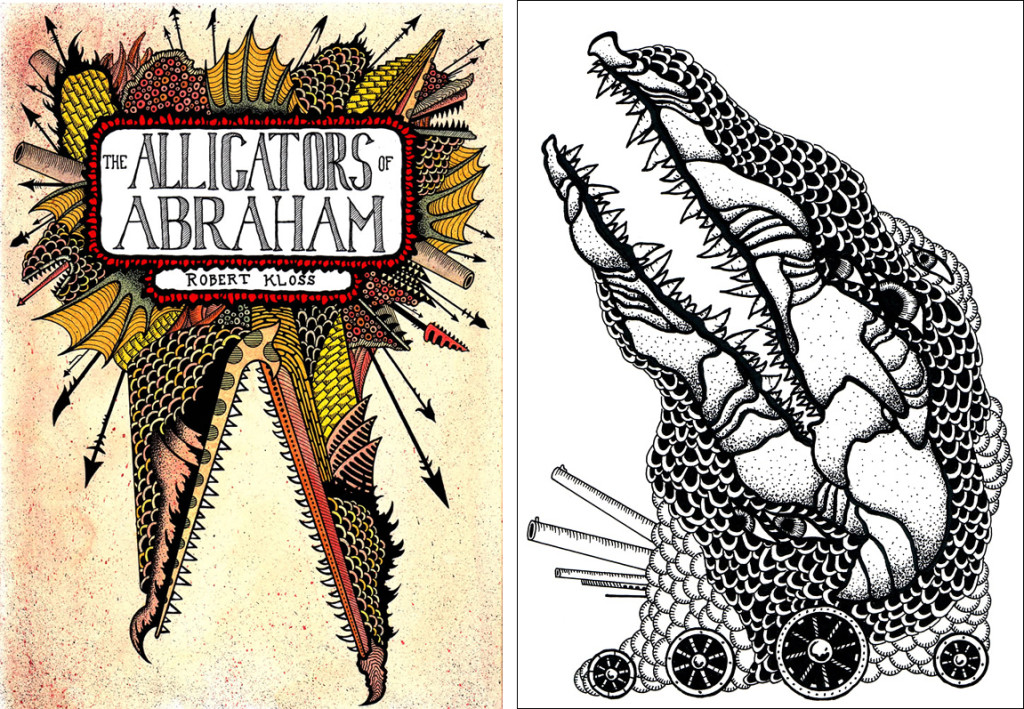 Matt Kish’s cover and an interior illustration for Alligators of Abraham, by Robert Kloss.