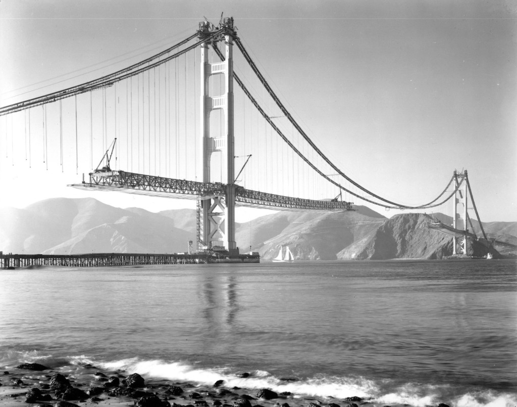 The Golden Gate Bridge under construction.