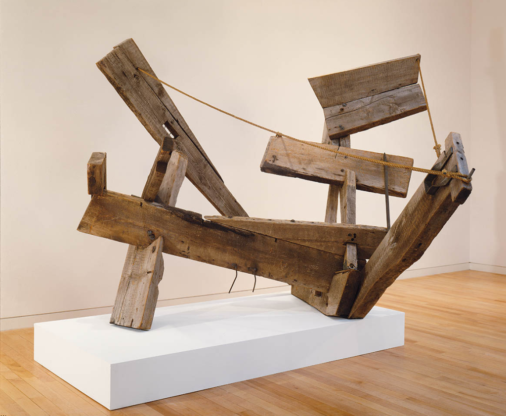 Mark di Suvero, Che Faró Senza Eurydice, 1959. Weathered timber, rope, and nails, 84" x 8' 8" x 91", Doris and Donald Fisher Collection. Photo: Ali Elai