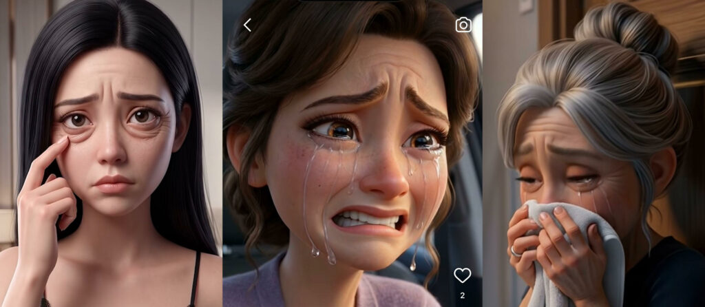 A triptych of crying women in AI slop ads. 